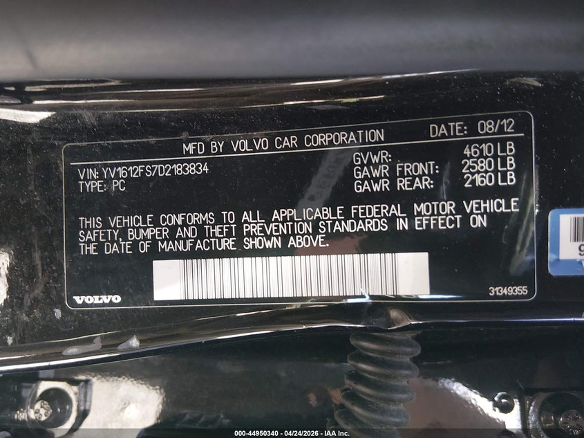2013 Volvo S60 VIN YV1612FS7D2183834 IAAI salvage auction — REAR END, Salvage Title, sold $275 on 2026-07-08 (photo 9)