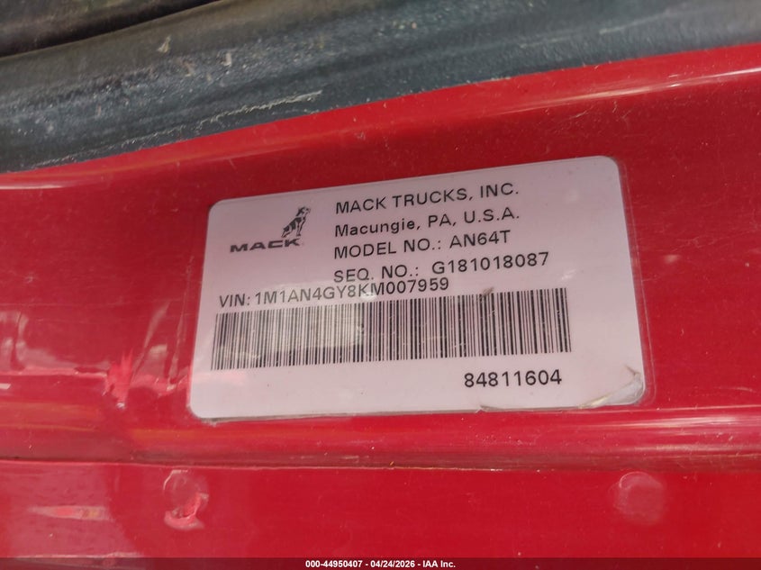 2019 Mack Anthem VIN 1M1AN4GY8KM007959 IAAI salvage auction — ROLLOVER, Wait Title, sold $15,000 on 2026-07-22 (photo 9)