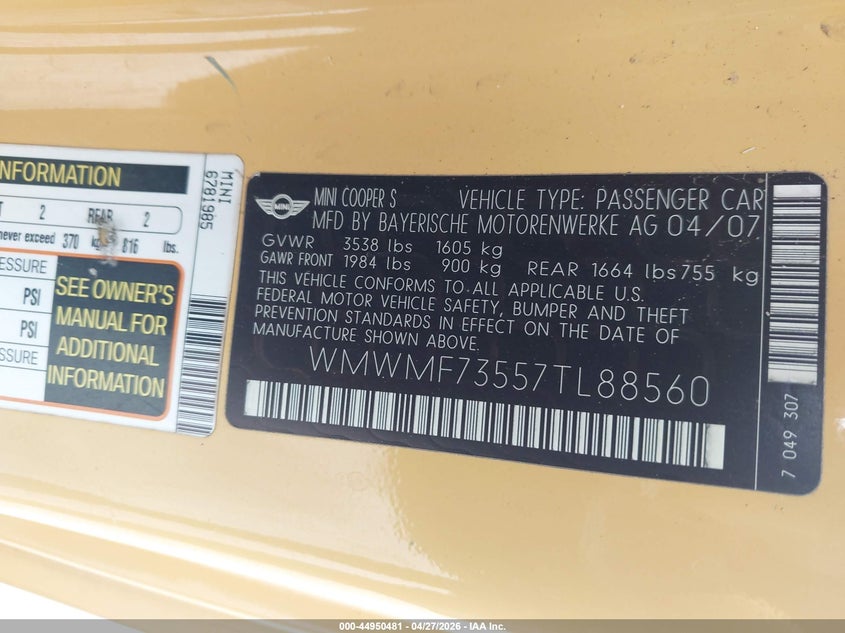 2007 Mini Cooper VIN WMWMF73557TL88560 IAAI salvage auction — FRONT END, Clear (Florida), sold $25 on 2026-07-14 (photo 9)