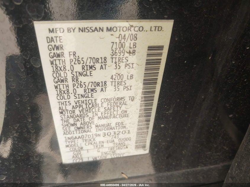 2009 Nissan TITAN VIN 1N6AA07D19N303201 IAAI salvage auction — FRONT END, Clear (Arizona), sold $375 on 2026-07-09 (photo 9)
