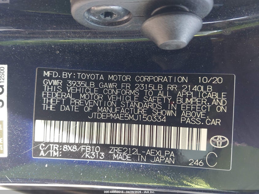 2021 Toyota Corolla VIN JTDEPMAE5MJ150334 IAAI salvage auction — REAR END, Salvage Title, sold $3,750 on 2026-07-15 (photo 9)