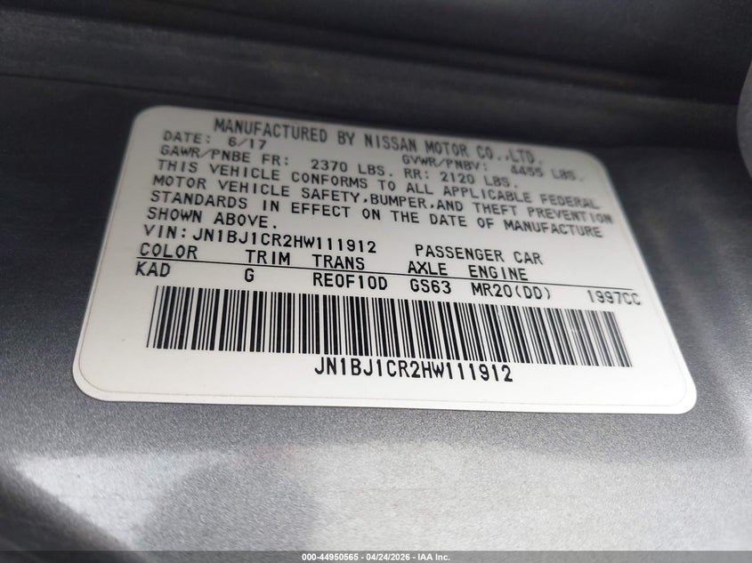 2017 Nissan Rogue VIN JN1BJ1CR2HW111912 IAAI salvage auction — FRONT END, Salvage (Illinois), sold $1,700 on 2026-07-14 (photo 9)