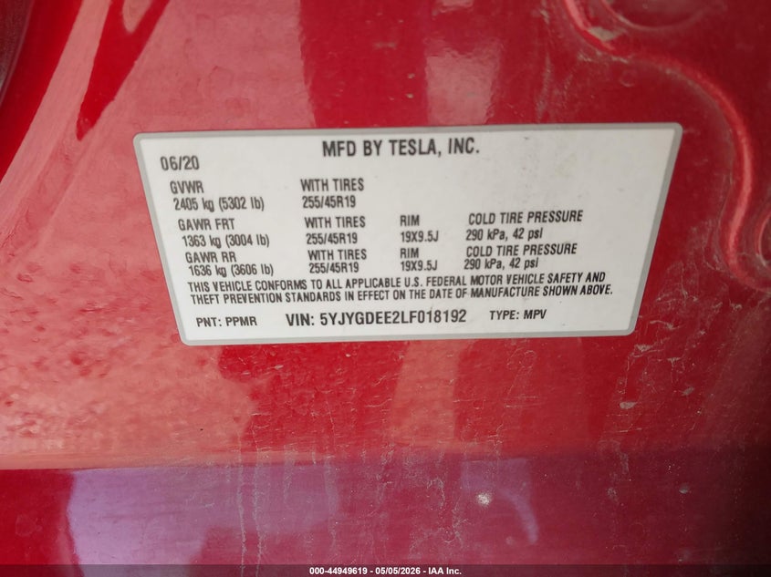 2020 Tesla Model y VIN 5YJYGDEE2LF018192 IAAI salvage auction — LEFT FRONT, Salvage (Montana), sold $10,750 on 2026-07-16 (photo 9)