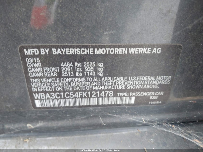 2015 BMW 3er VIN WBA3C1C54FK121478 IAAI salvage auction — MECHANICAL, Salvage (California), sold $600 on 2026-08-10 (photo 9)