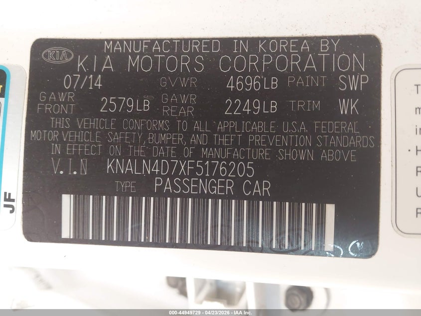 2015 Kia Cadenza VIN KNALN4D7XF5176205 IAAI salvage auction — UNKNOWN, Restored (Arizona), sold $925 on 2026-07-14 (photo 9)