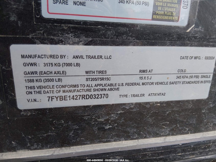 2024 Anvil Other VIN 7FYBE1427RD032370 IAAI salvage auction — Unknown, Regular Certificate (Iowa), sold $1,650 on 2026-07-14 (photo 9)