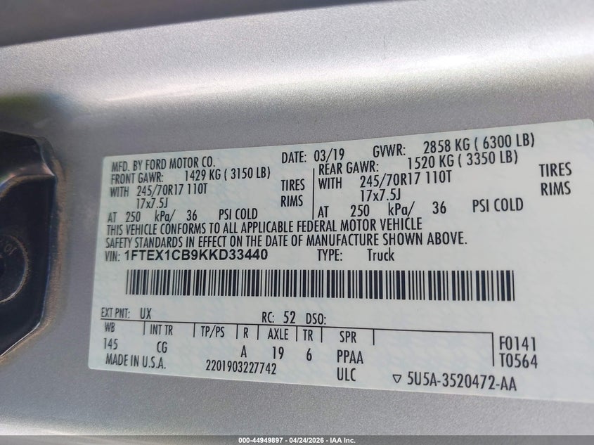 2019 Ford F-150 VIN 1FTEX1CB9KKD33440 IAAI salvage auction — FRONT END, Salvage Title, sold $4,050 on 2026-07-10 (photo 9)