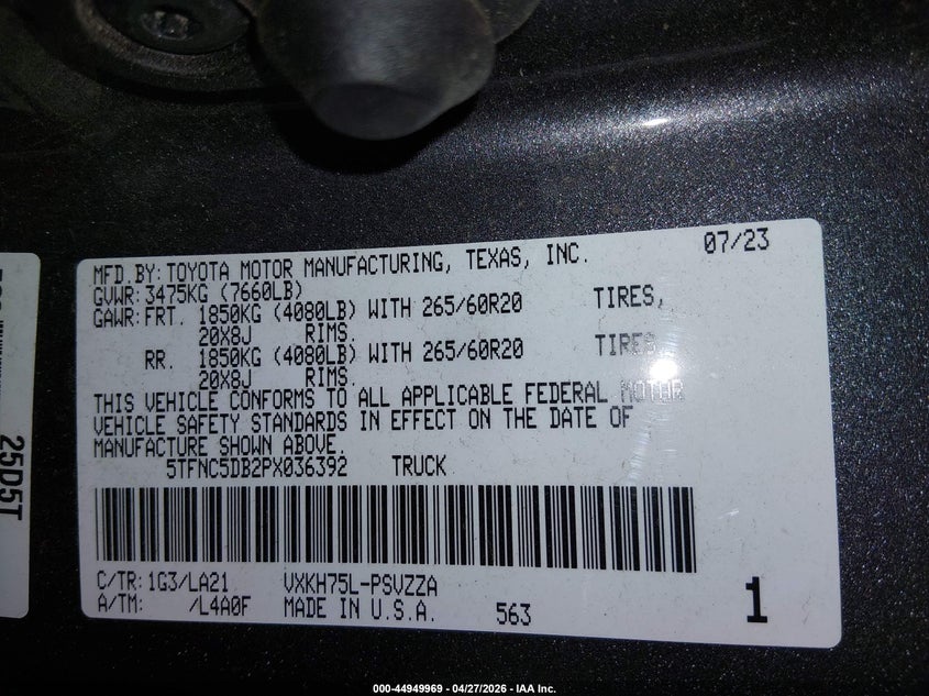2023 Toyota Tundra VIN 5TFNC5DB2PX036392 IAAI salvage auction — FRONT END, Salvage Title, sold $12,600 on 2026-07-30 (photo 9)