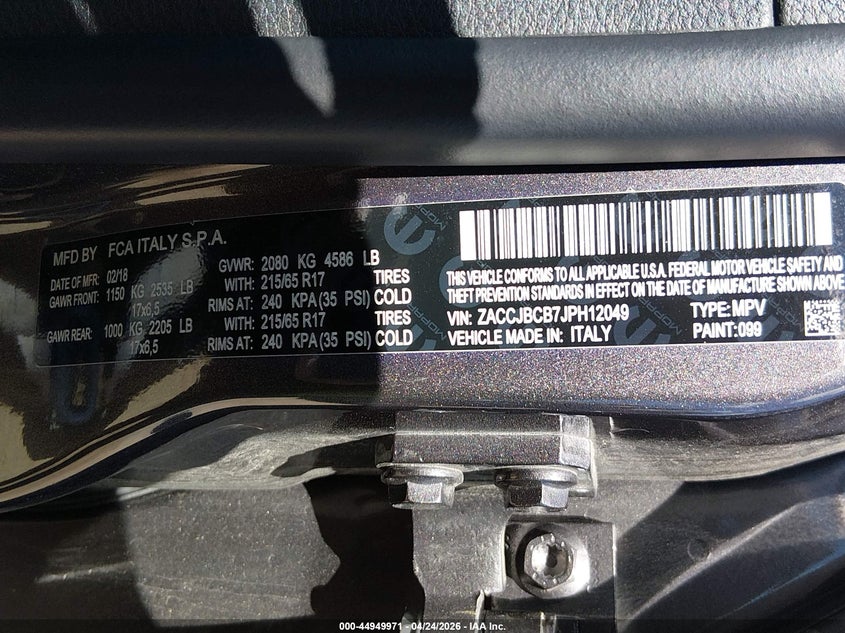 2018 Jeep Renegade VIN ZACCJBCB7JPH12049 IAAI salvage auction — FRONT END, Salvage (New Hampshire), sold $1,750 on 2026-08-19 (photo 9)