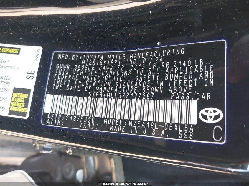2024 Toyota Corolla VIN 5YFB4MDE3RP127287 IAAI salvage auction — LEFT SIDE, Salvage - 75% Or Less (Maryland), sold $5,050 on 2026-07-07 (photo 9)