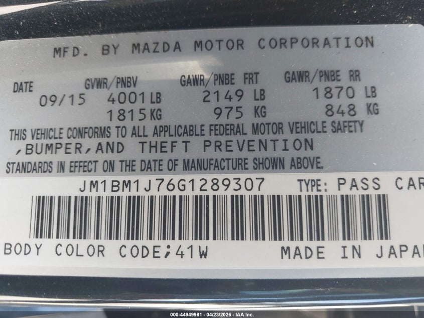 2016 Mazda 3 VIN JM1BM1J76G1289307 IAAI salvage auction — FRONT END, Wait Title, sold $200 on 2026-07-22 (photo 9)