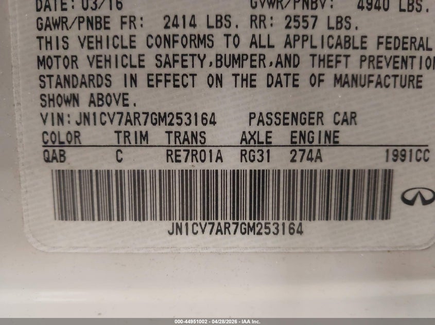 2016 Infiniti Q50 VIN JN1CV7AR7GM253164 IAAI salvage auction — THEFT, Salvage (North Carolina), sold $3,300 on 2026-07-13 (photo 9)