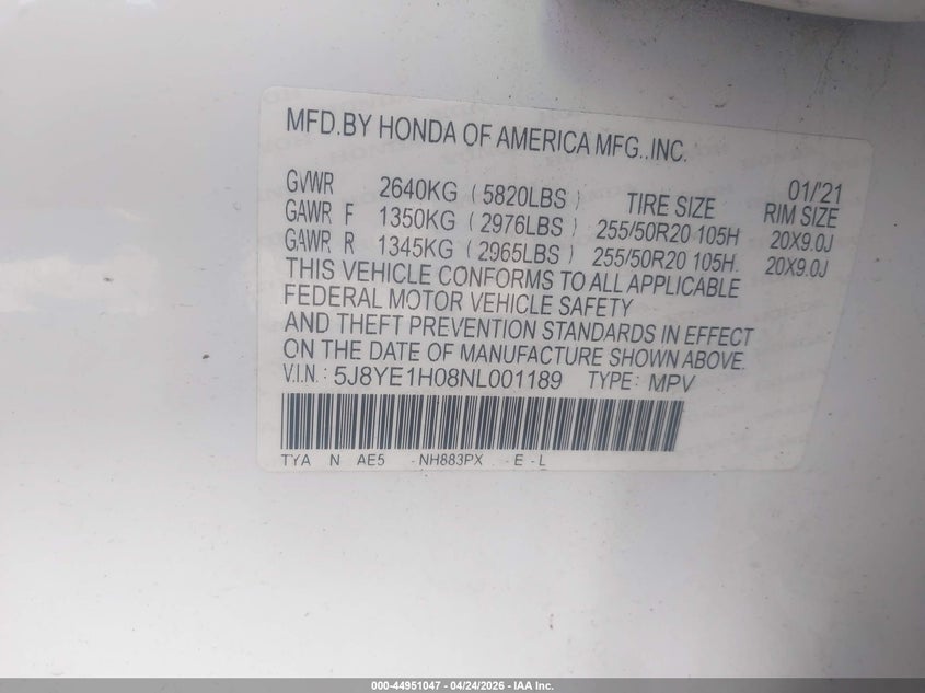 2022 Acura Mdx VIN 5J8YE1H08NL001189 IAAI salvage auction — RIGHT FRONT, Salvage - 75% Or Less (Maryland), sold $9,500 on 2026-07-27 (photo 9)