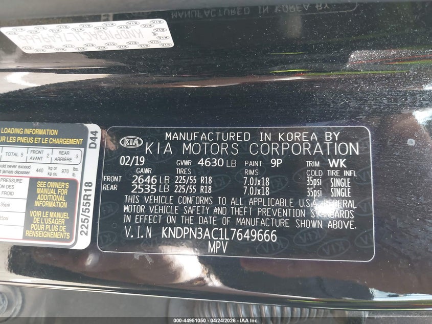 2020 Kia Sportage VIN KNDPN3AC1L7649666 IAAI salvage auction — REAR END, Salvage (North Carolina), sold $2,150 on 2026-07-16 (photo 9)