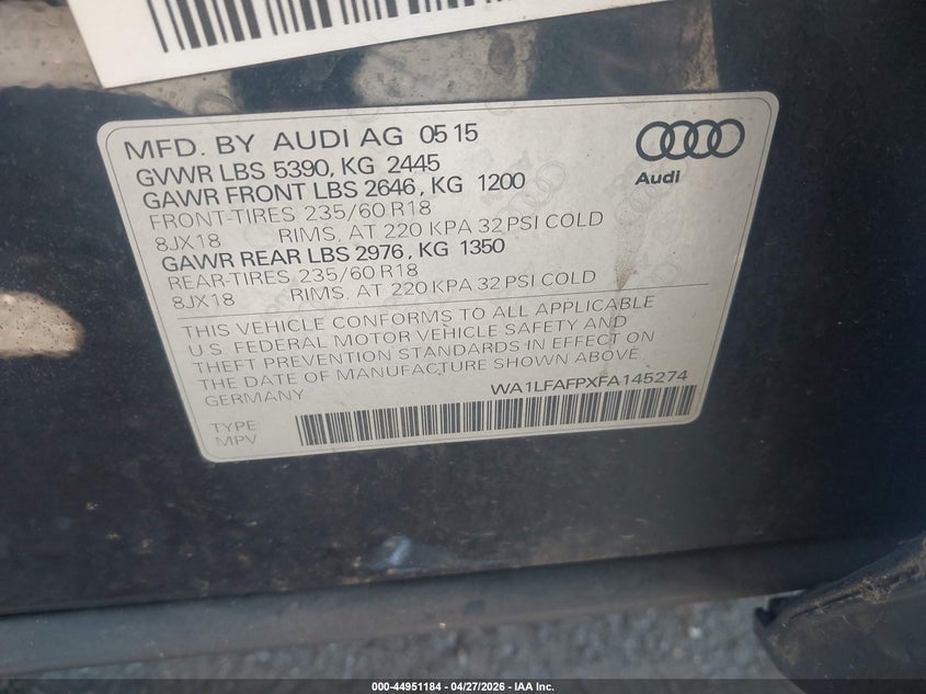 2015 Audi Q5 VIN WA1LFAFPXFA145274 IAAI salvage auction — LEFT REAR, Mv-907A (New York), sold $25 on 2026-07-28 (photo 9)
