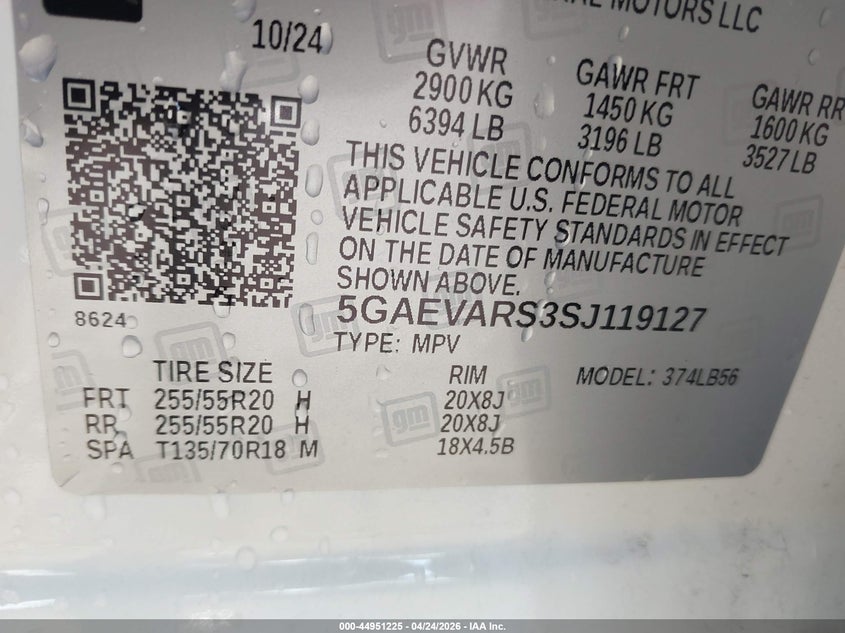 2025 Buick Enclave VIN 5GAEVARS3SJ119127 IAAI salvage auction — REAR END, Salvage Title, sold $15,200 on 2026-07-14 (photo 9)