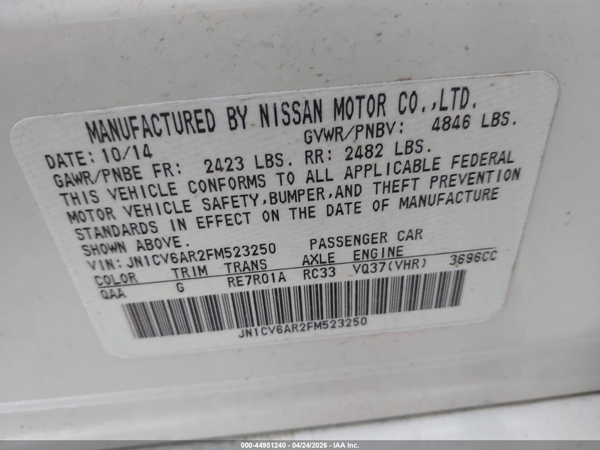 2015 Infiniti Q40 VIN JN1CV6AR2FM523250 IAAI salvage auction — ROLLOVER, Salvage (Indiana), sold $25 on 2026-07-22 (photo 9)