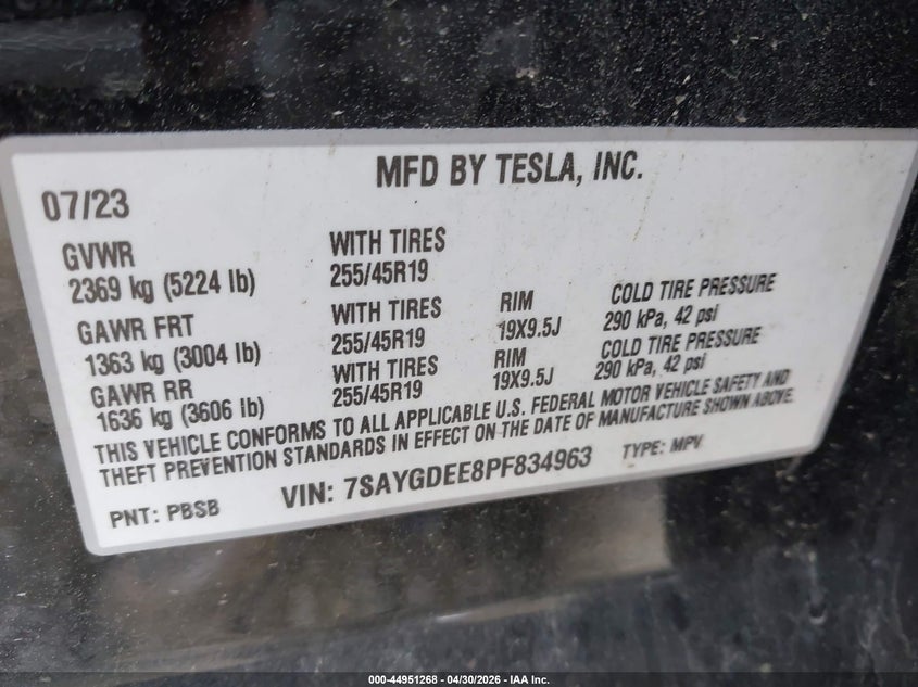 2023 Tesla Model y VIN 7SAYGDEE8PF834963 IAAI salvage auction — FRONT & REAR, Salvage (Virginia), sold $1,150 on 2026-07-27 (photo 9)