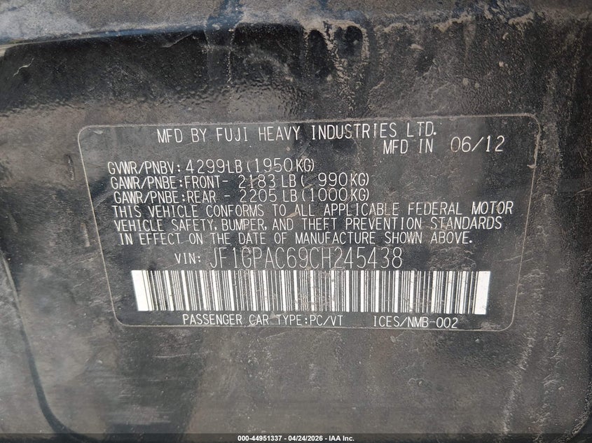 2012 Subaru Impreza VIN JF1GPAC69CH245438 IAAI salvage auction — ROLLOVER, Salvage Title, sold $425 on 2026-07-22 (photo 9)