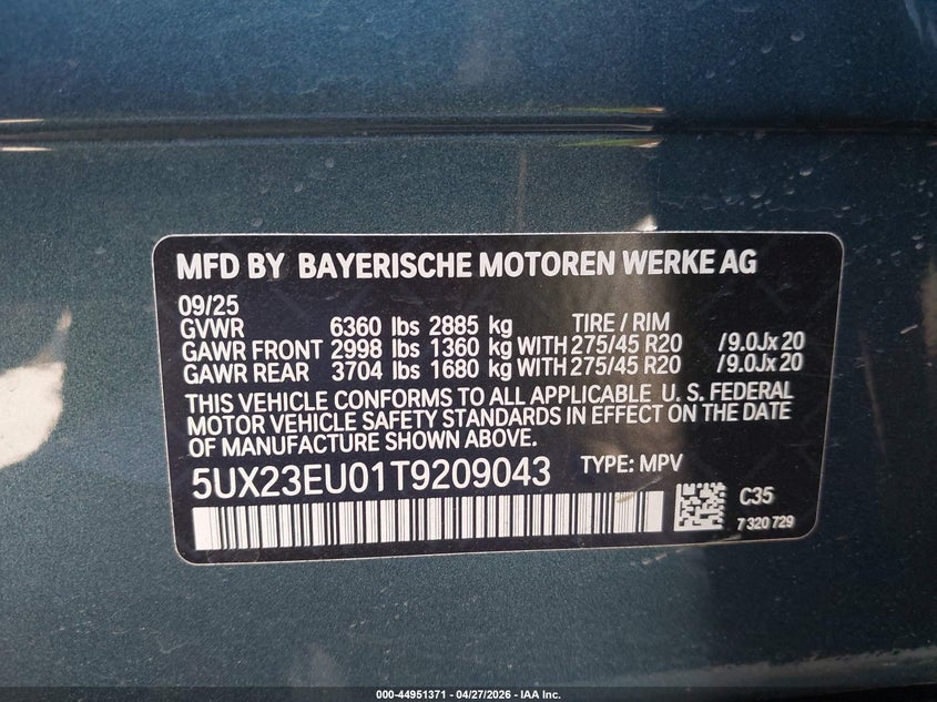2026 BMW X5 VIN 5UX23EU01T9209043 IAAI salvage auction — FRONT END, Original (Texas), sold $28,975 on 2026-07-06 (photo 9)