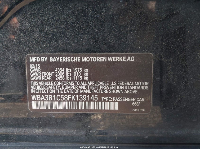 2015 BMW 3er VIN WBA3B1C58FK139145 IAAI salvage auction — RIGHT SIDE, Salvage (Georgia), sold $550 on 2026-07-06 (photo 9)