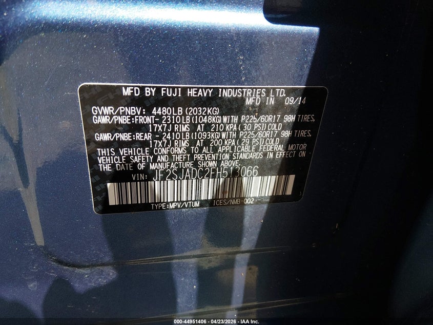 2015 Subaru Forester VIN JF2SJADC2FH513066 IAAI salvage auction — FRONT END, Salvage (Massachusetts), sold $800 on 2026-07-31 (photo 9)