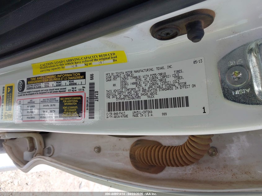 2013 Toyota Tundra VIN 5TFRM5F13DX063955 IAAI salvage auction — REAR END, Salvage (Texas), sold $2,100 on 2026-07-29 (photo 9)