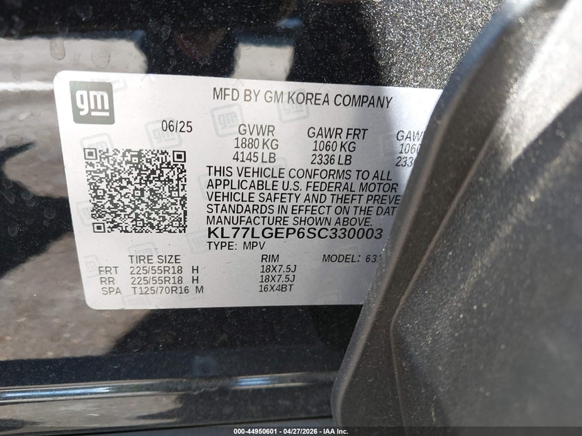 2025 Chevrolet Trax VIN KL77LGEP6SC330003 IAAI salvage auction — FRONT END, Salvage Title, sold $3,650 on 2026-07-09 (photo 9)