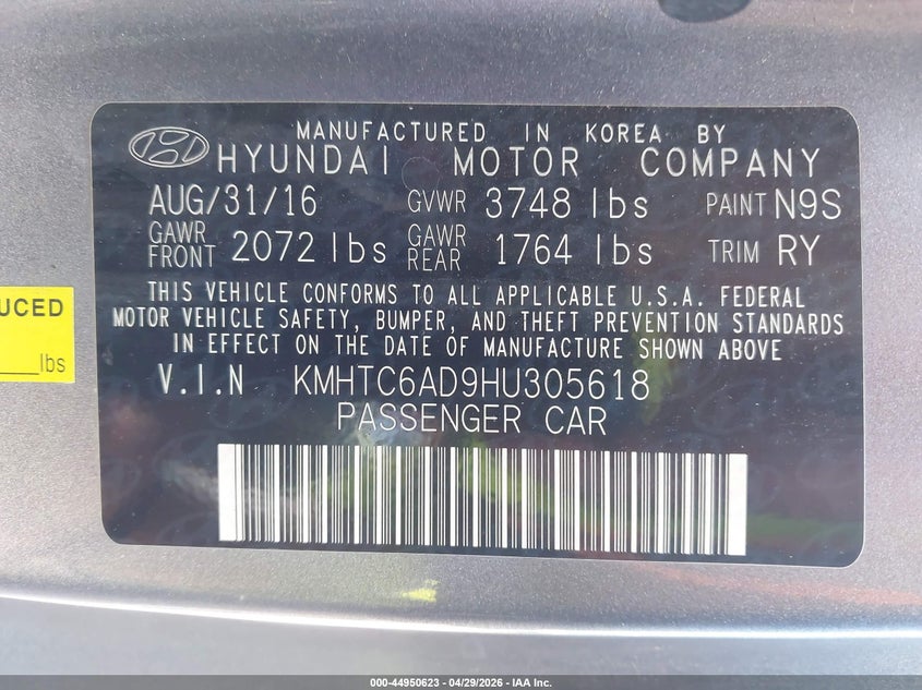 2017 Hyundai Veloster VIN KMHTC6AD9HU305618 IAAI salvage auction — WATER/FLOOD, Salvage (Hawaii), sold $100 on 2026-07-28 (photo 9)