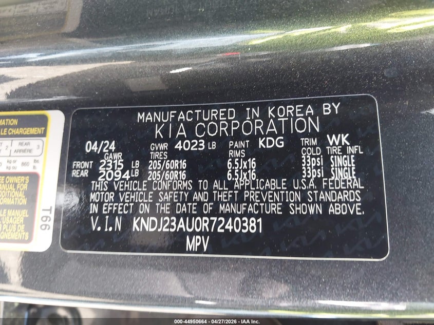 2024 Kia Soul VIN KNDJ23AU0R7240381 IAAI salvage auction — LEFT FRONT, Salvage (Virginia), sold $3,300 on 2026-07-21 (photo 9)