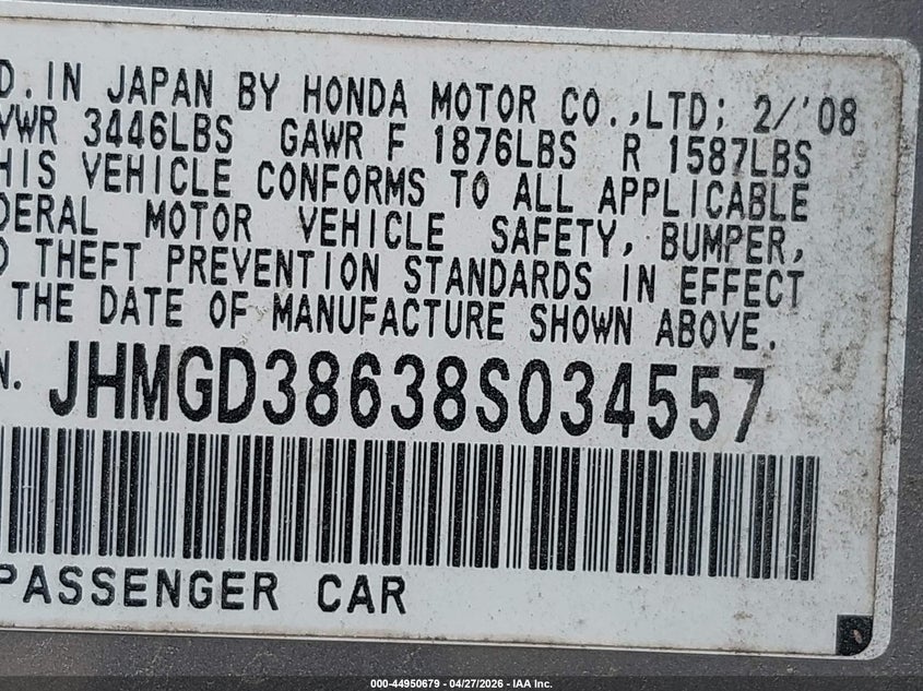 2008 Honda Fit VIN JHMGD38638S034557 IAAI salvage auction — FRONT END, Salvage (Idaho), sold $750 on 2026-07-07 (photo 9)