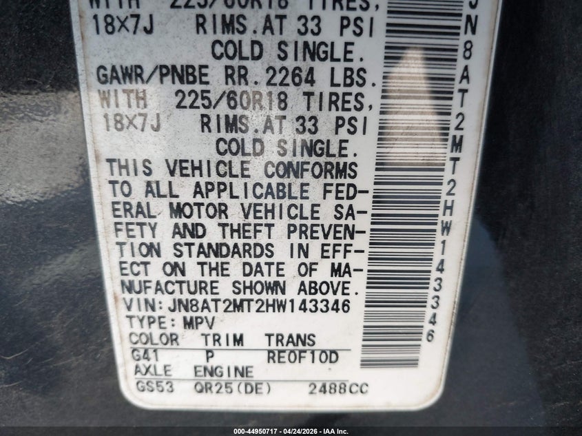 2017 Nissan Rogue VIN JN8AT2MT2HW143346 IAAI salvage auction — FRONT END, Salvage Title, sold $2,050 on 2026-07-22 (photo 9)
