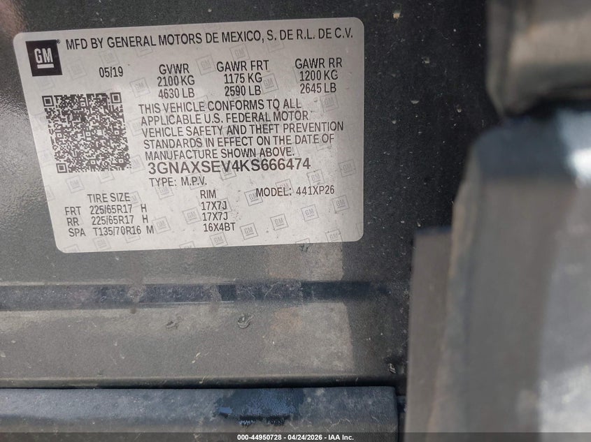 2019 Chevrolet Equinox VIN 3GNAXSEV4KS666474 IAAI salvage auction — FRONT END, Salvage Title, sold $1,850 on 2026-07-23 (photo 9)