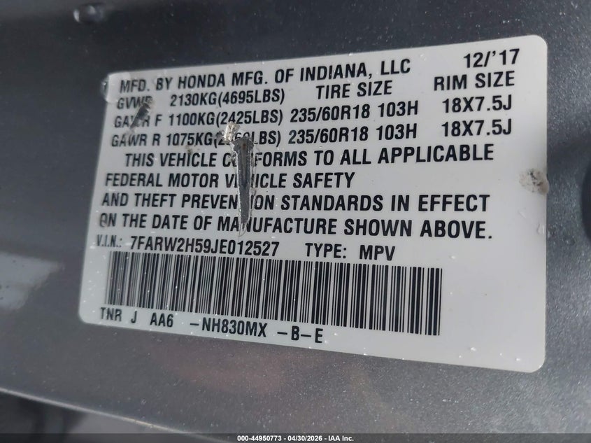 2018 Honda Cr-v VIN 7FARW2H59JE012527 IAAI salvage auction — FRONT END, Salvage (Connecticut), sold $5,950 on 2026-07-09 (photo 9)