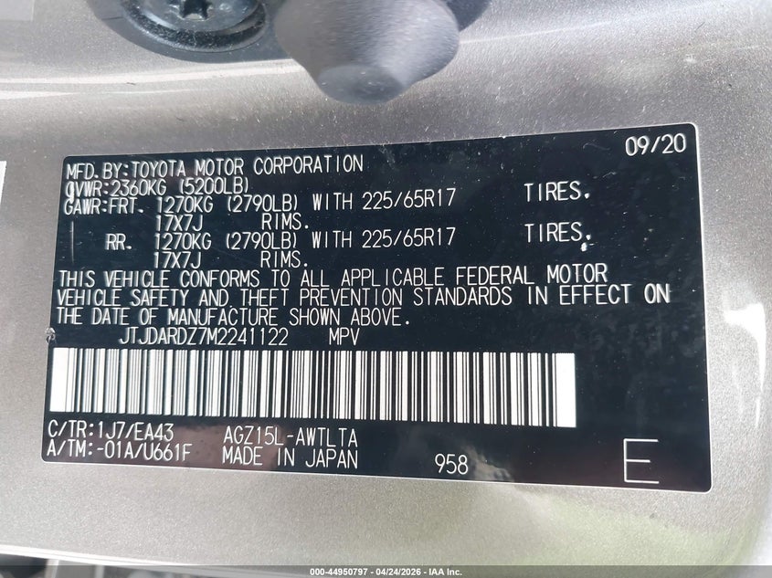 2021 Lexus Nx VIN JTJDARDZ7M2241122 IAAI salvage auction — FRONT END, Salvage Title, sold $7,975 on 2026-07-07 (photo 9)