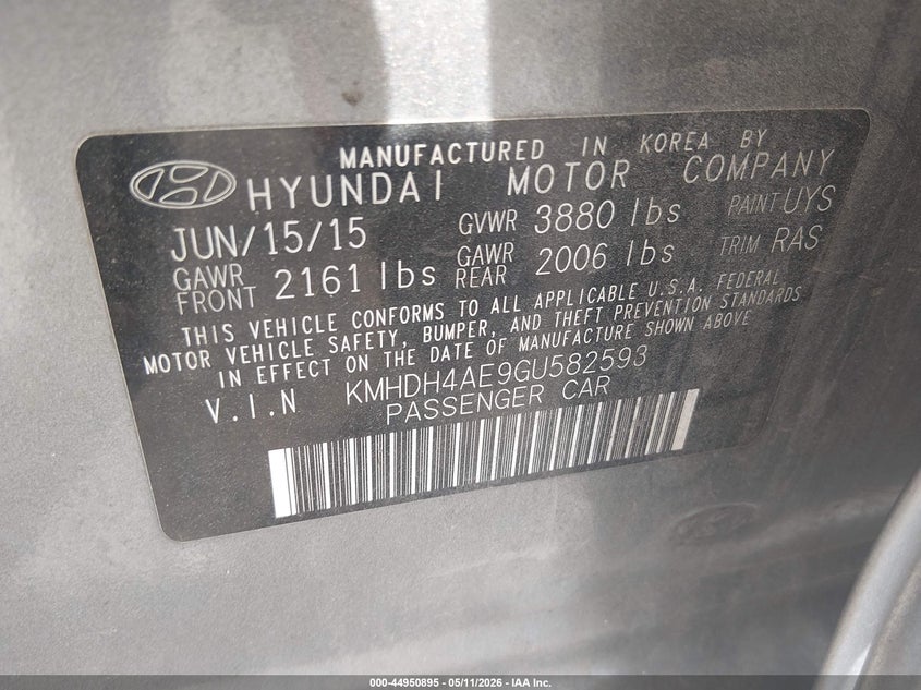 2016 Hyundai Elantra VIN KMHDH4AE9GU582593 IAAI salvage auction — FRONT & REAR, Salvage (Tennessee), sold $325 on 2026-07-23 (photo 9)