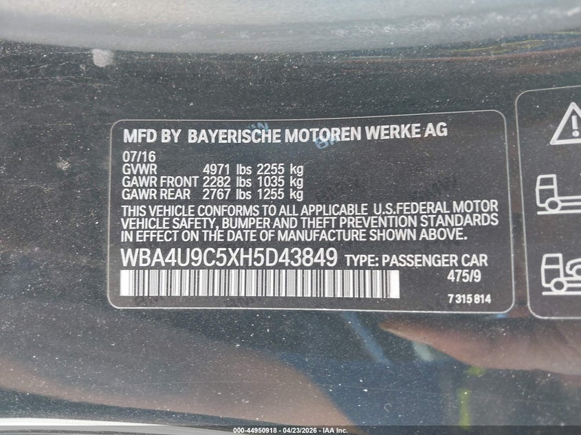 2017 BMW 4er VIN WBA4U9C5XH5D43849 IAAI salvage auction — FRONT END, Salvage (Massachusetts), sold $3,750 on 2026-07-07 (photo 9)