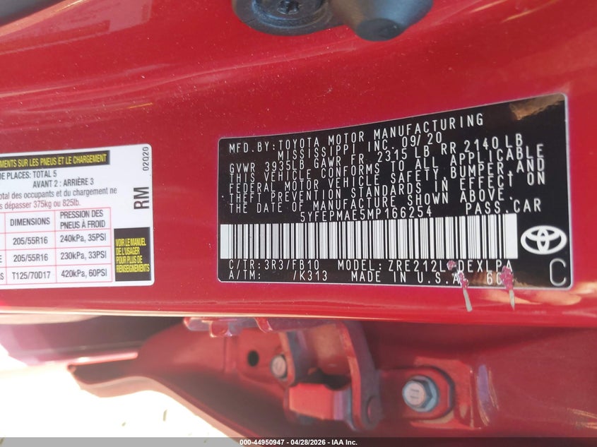 2021 Toyota Corolla VIN 5YFEPMAE5MP166254 IAAI salvage auction — REAR END, Salvage (Massachusetts), sold $4,500 on 2026-07-17 (photo 9)