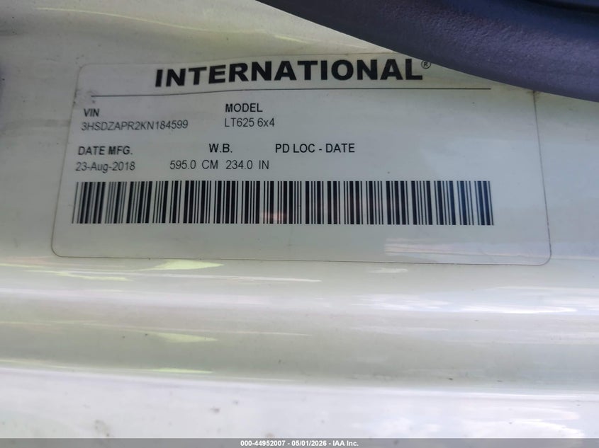 2019 International VIN 3HSDZAPR2KN184599 IAAI salvage auction — FRONT END, Wait Title, sold $6,750 on 2026-07-08 (photo 8)