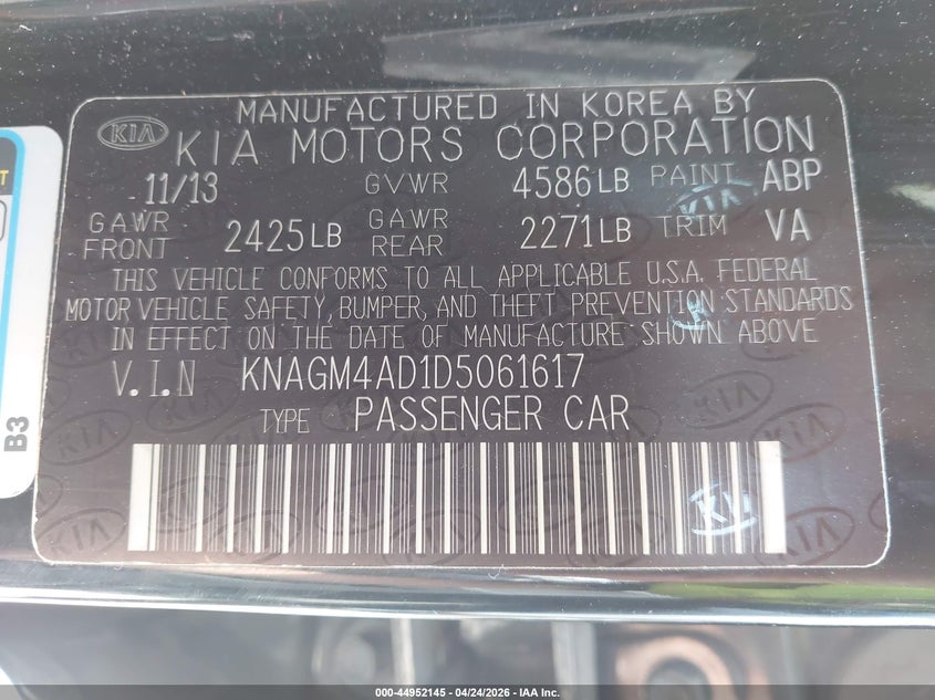 2013 Kia Optima VIN KNAGM4AD1D5061617 IAAI salvage auction — FRONT END, Salvage Title, sold $1,200 on 2026-07-06 (photo 9)