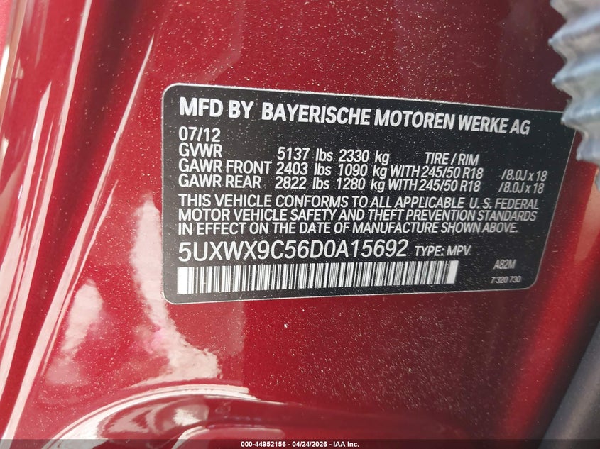 2013 BMW X3 VIN 5UXWX9C56D0A15692 IAAI salvage auction — NORMAL WEAR, Clear (Montana), sold $350 on 2026-07-08 (photo 9)