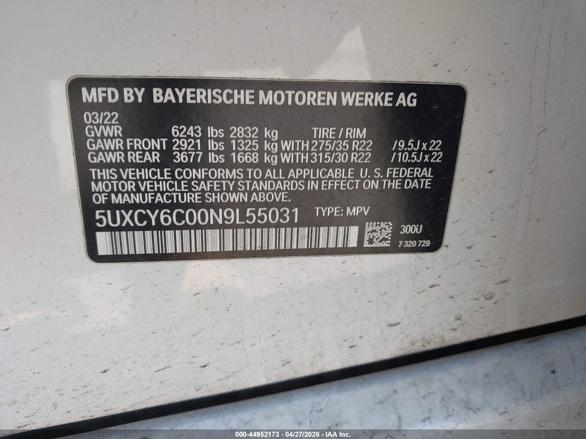 2022 BMW X6 VIN 5UXCY6C00N9L55031 IAAI salvage auction — VANDALISM, Salvage Title, sold $31,000 on 2026-07-24 (photo 9)
