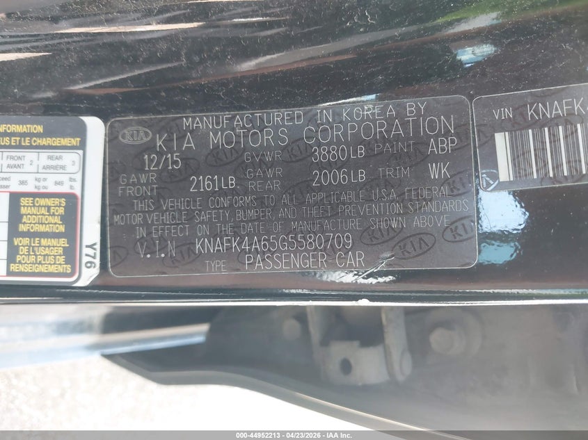 2016 Kia Forte VIN KNAFK4A65G5580709 IAAI salvage auction — REAR END, Wait Title, sold $450 on 2026-07-21 (photo 9)