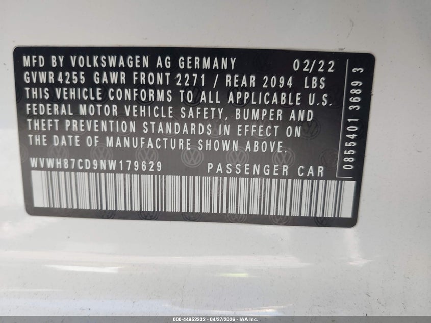 2022 Volkswagen Golf gti VIN WVWH87CD9NW179629 IAAI salvage auction — ALL OVER, Salvage (New Jersey), sold $425 on 2026-08-05 (photo 9)