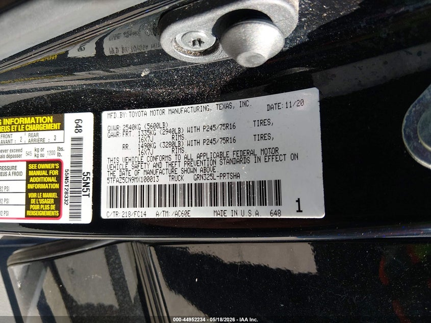 2021 Toyota Tacoma VIN 5TFAZ5CN9MX100013 IAAI salvage auction — FRONT END, Salvage Title, sold $8,300 on 2026-07-12 (photo 9)