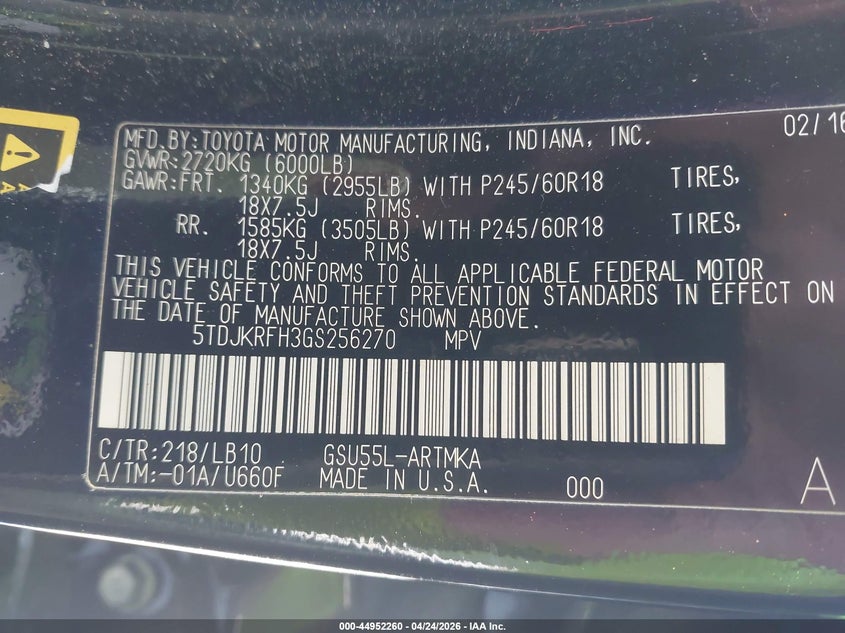 2016 Toyota Highlander VIN 5TDJKRFH3GS256270 IAAI salvage auction — FRONT & REAR, Salvage (New Hampshire), sold $7,550 on 2026-07-17 (photo 9)
