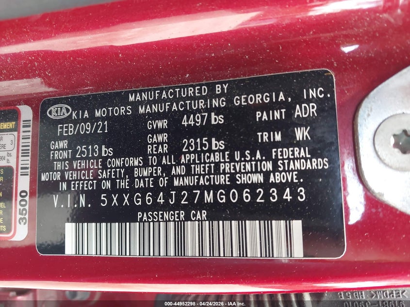 2021 Kia K5 VIN 5XXG64J27MG062343 IAAI salvage auction — LEFT SIDE, Salvage (Georgia), sold $4,000 on 2026-07-17 (photo 9)