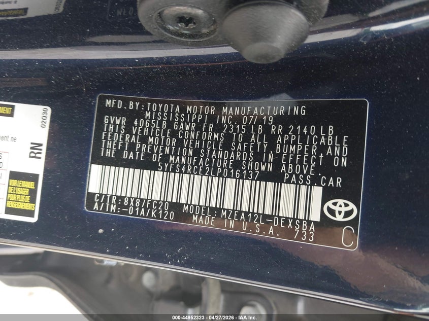 2020 Toyota Corolla VIN 5YFS4RCE2LP016137 IAAI salvage auction — FRONT END, Salvage (Kentucky), sold $2,950 on 2026-07-28 (photo 9)