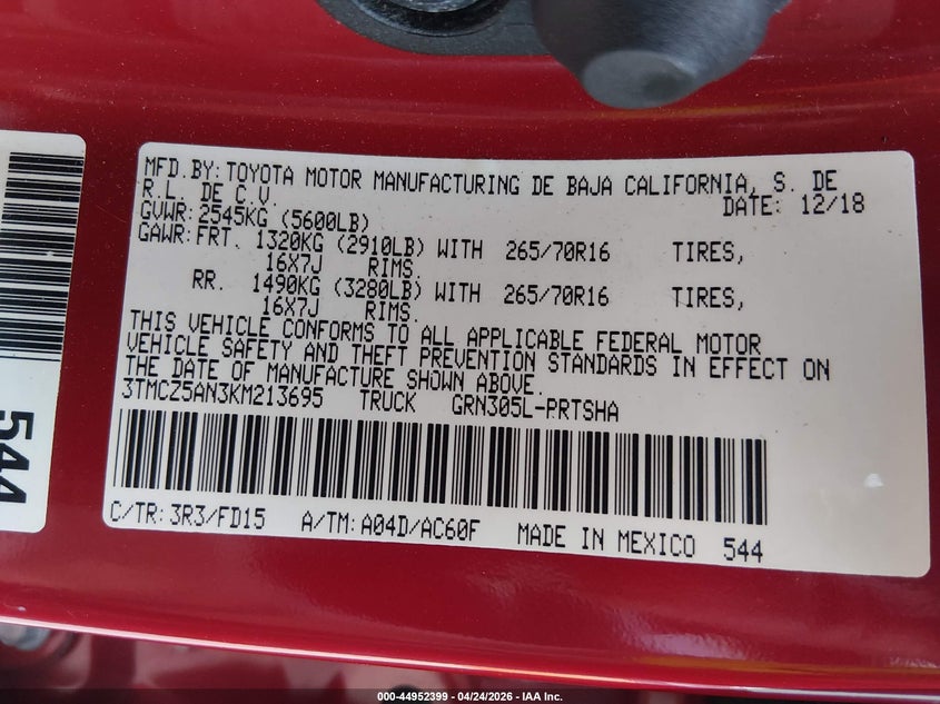 2019 Toyota Tacoma VIN 3TMCZ5AN3KM213695 IAAI salvage auction — ROOF, Salvage Title, sold $16,500 on 2026-07-05 (photo 9)