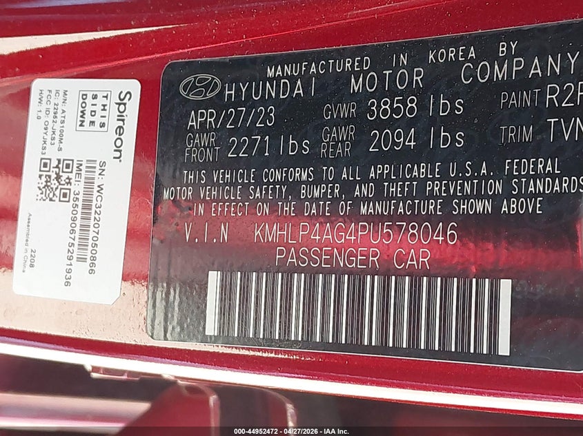 2023 Hyundai Elantra VIN KMHLP4AG4PU578046 IAAI salvage auction — LEFT REAR, Salvage Title, sold $5,900 on 2026-07-21 (photo 9)